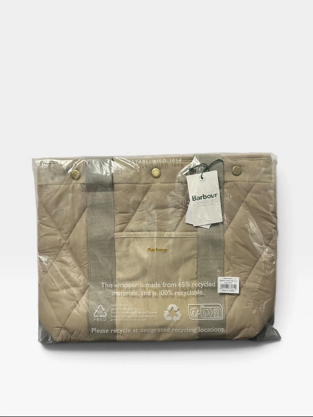 Barbour Quilted Tote Bag Tartan Lined Corduroy Trim Shoulder Bag Beige